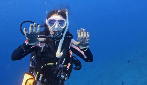 海の中でポーズを撮るダイバー