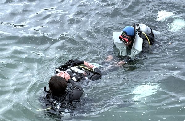 気を失ったダイバーを水面で泳いで運んでいる様子