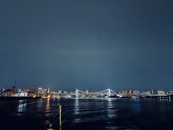 甲板からの東京タワーとスカイツリーとレインボーブリッジの夜景